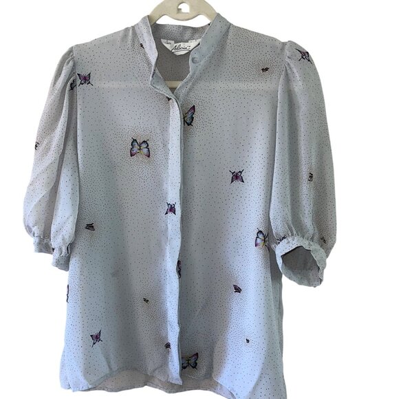Alicia Tops - Alicia Vintage Womens Blouse Size Medium Gray Butterfly Print Crepe Casual